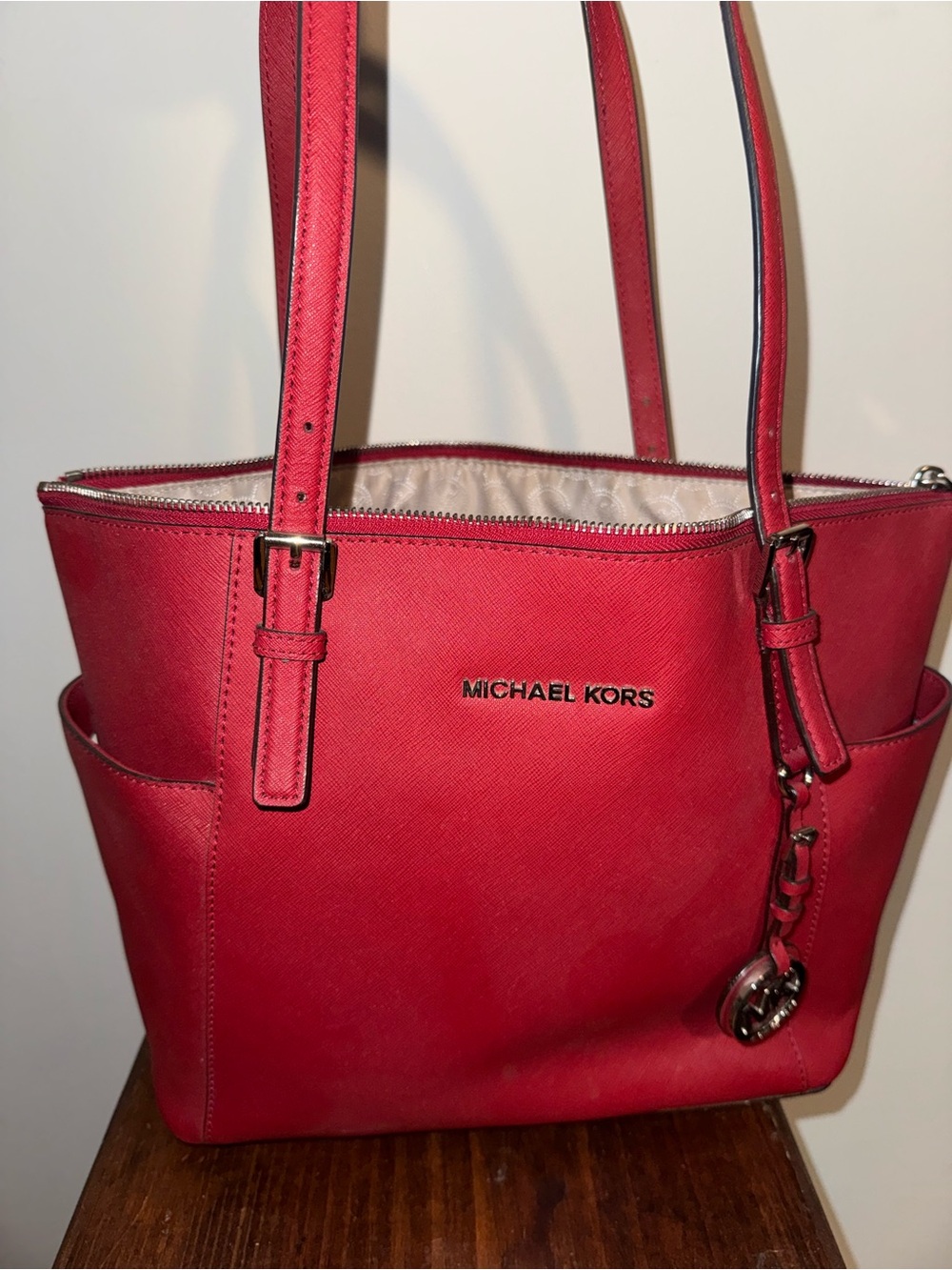 Michael Kors Bright Red Saffiano Tote with Logo Charm